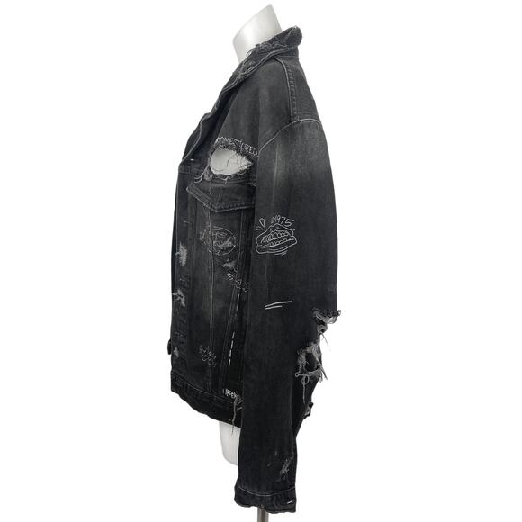 Zara Black Denim Graffiti Illustration Graphic Distressed Jean Jacket Sz M - Picture 3 of 7